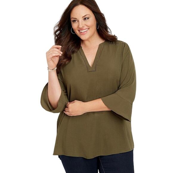 NWT Maurice's Popover Blouse Crochet Trim Tunic Top Plus Size 2 Olive Green - Picture 1 of 7